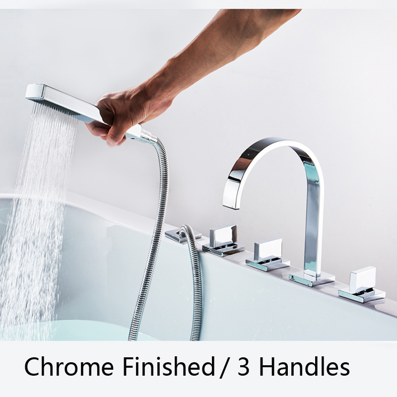 Deck Mounted Widespread Bathtub Faucet 3 Handles Bath Shower Mixers with Pull Out Handshower Chrome and Black Color|mixer mixer|mixer showermixer bath - AliExpress