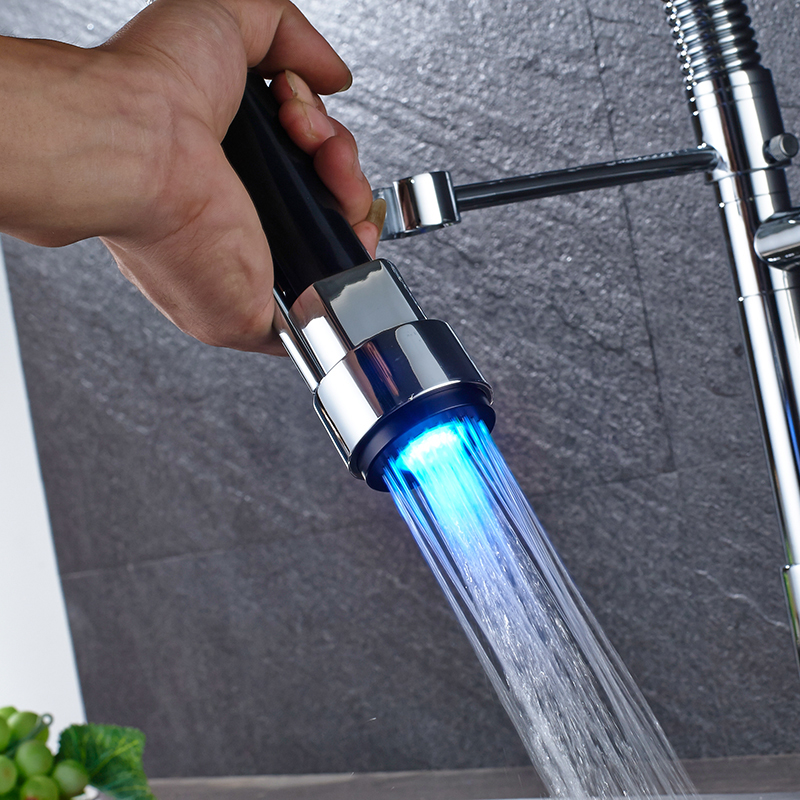 Chrome Pull Down Spray Kitchen Sink Faucet Dual Rotate Spout Kitchen Mixers LED Light Single Handle Hot Cold Water Tap|spring copy|mixer stainlessspring - AliExpress