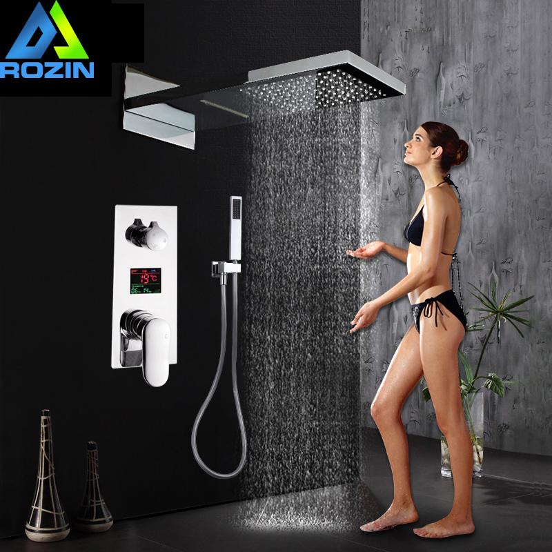 Luxury Bath Shower Mixer Kits Digital Display Wall Mounted  Rain Waterfall Shower Head Chrome Shower Faucet with Handshower|shower faucets|rain waterfallsbath shower mixers - AliExpress