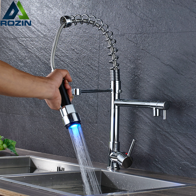 Chrome Pull Down Spray Kitchen Sink Faucet Dual Rotate Spout Kitchen Mixers LED Light Single Handle Hot Cold Water Tap|spring copy|mixer stainlessspring - AliExpress