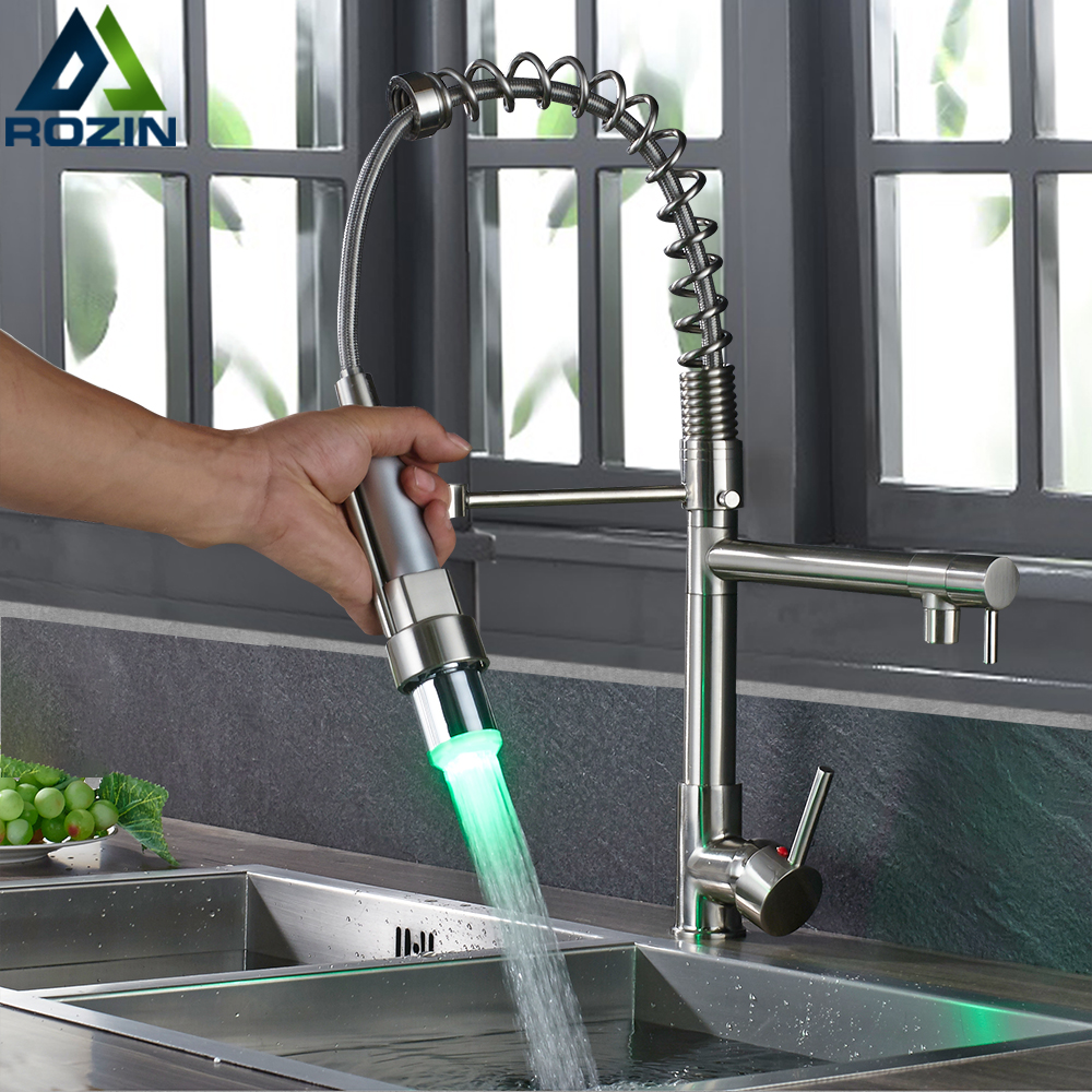 LED Color Changing Kitchen Faucet Mixer Tap Spring Polished Chrome Kitchen Crane Tap Deck Mounted Swive Spout Pull Down Faucet|Kitchen Faucets|   - AliExpress