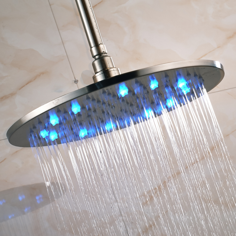 Brushed Nickel 16 inch LED Light Shower Head Rainfall Round Big Showerhead with Brass Shower Arm|light shower head|shower head rainfallled light shower head - AliExpress