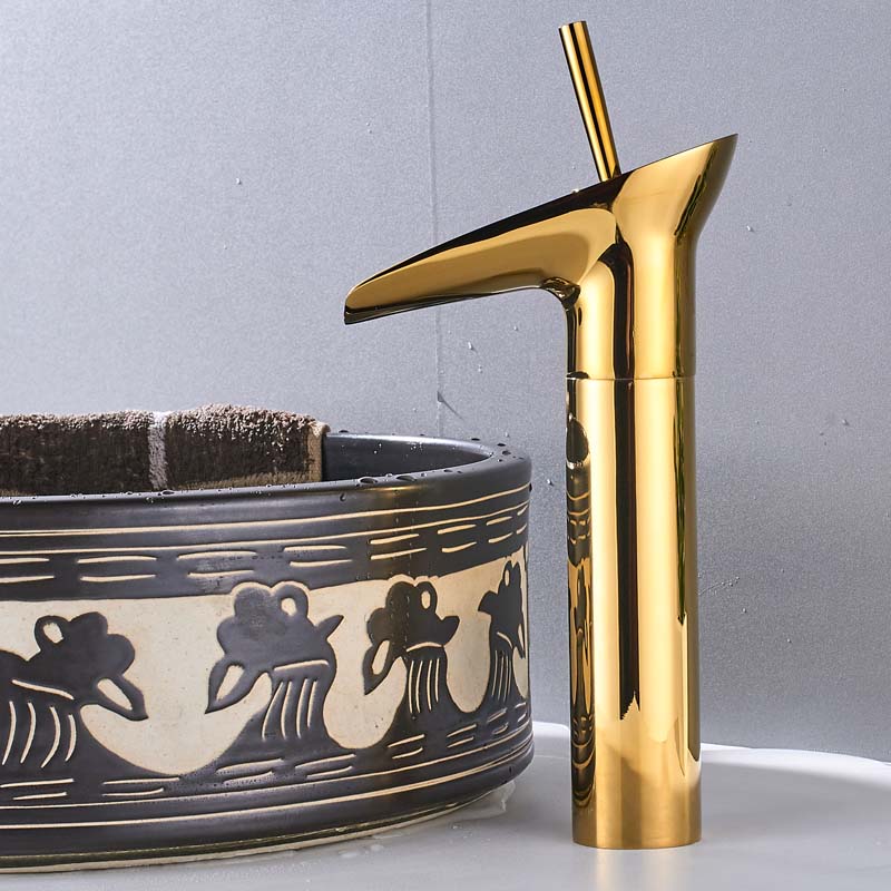 Golden Waterfall Spout Basin Faucet Deck Mounted Single Handle Bathroom Vessel Sink Mixer Tap One Hole Hot Cold Water Tap|Basin Faucets|   - AliExpress