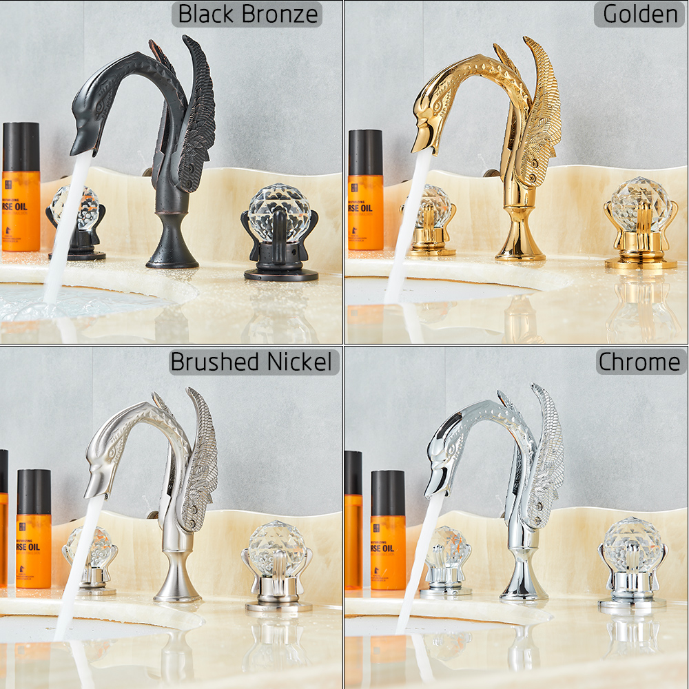 Golden Basin Faucet Swan Shpe Dual Crystal Handle Bath Tub Mixer Tap Deck Mounted Chrome Cold and Hot Water Faucet|Basin Faucets|   - AliExpress