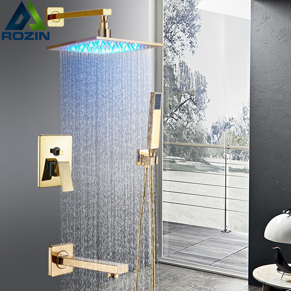 LED Light Golden Shower Faucet Set Single Handle Rainfall Bath Shower Mixer with Brass Bath Spout Concealed Bathroom Shower Taps|Shower Faucets|   - AliExpress