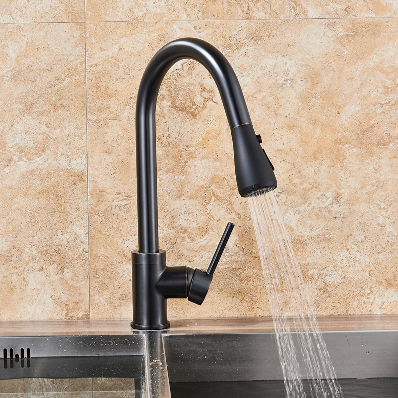 Black Pull Down Kitchen Faucet Tap Single Handle Oil Rubbed Bronze Kitchen Sink Mixer Tap 2 pattern Shower Spout Hot Cold Faucet|Kitchen Faucets|   - AliExpress