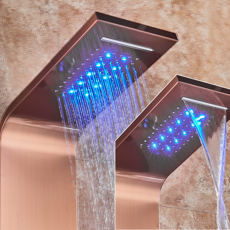 LED Light Shower System Bath Shower Column Rose Golden Rain Waterfall Shower Panel 3 Handles with Handshower Massage Jets Spout|Shower Faucets|   - AliExpress