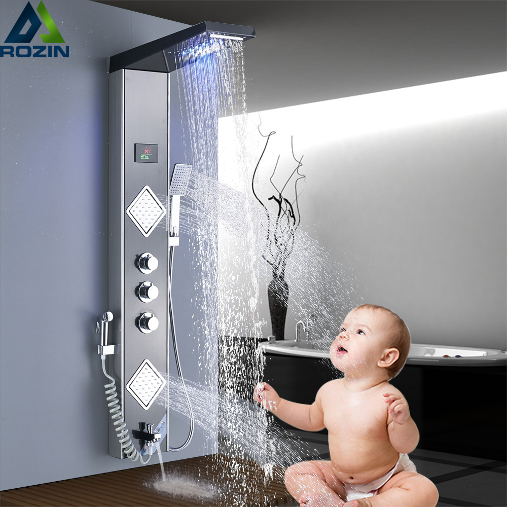 LED Light Waterfall Rain Shower Panel Bath Shower Faucet Column System 3 Handles 6 function Shower Mixers with Bidet Sprayer|Shower Faucets|   - AliExpress