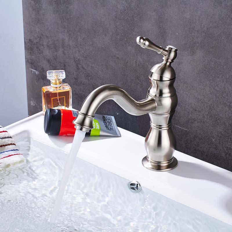 Brushed Nickel Basin Faucet Single Handle Hot Cold Water Bathroom Tap Deck Mounted Long Spout Lavatory Sink Mixer Faucet|Basin Faucets|   - AliExpress