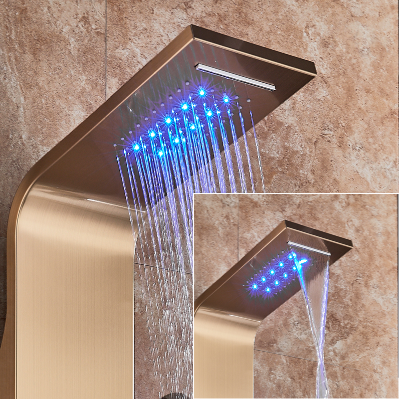 Golden Shower Panel Waterfall Rain Shower Column Wall Mounted LED Light Bathroom Shower System Swivel Massage Jet Bidet Sprayer|Shower Faucets|   - AliExpress