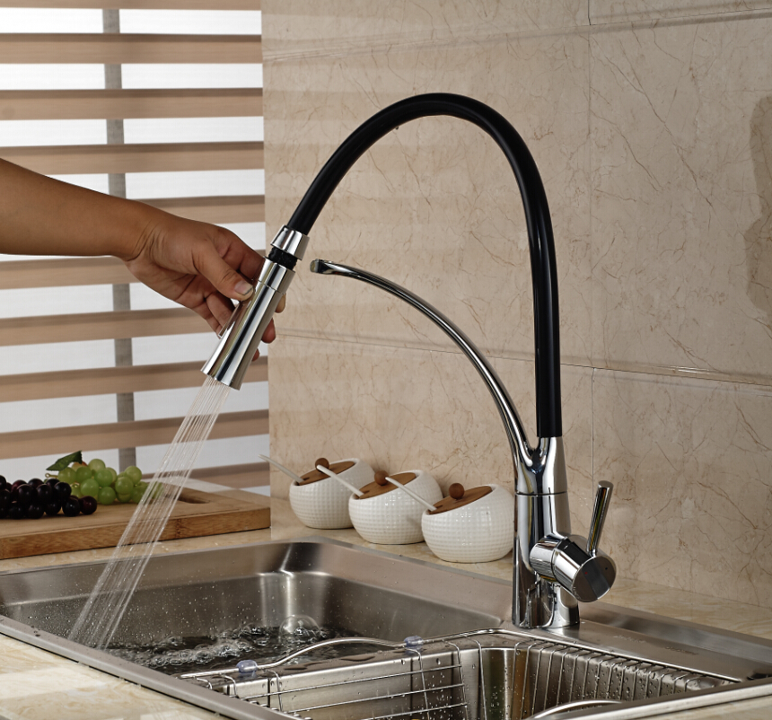 Deck Mount Black Hose Kitchen Mixer Taps Single Handle Stream Sprayer Kitchen Faucet Chrome Finish with Bracket|Kitchen Faucets|   - AliExpress