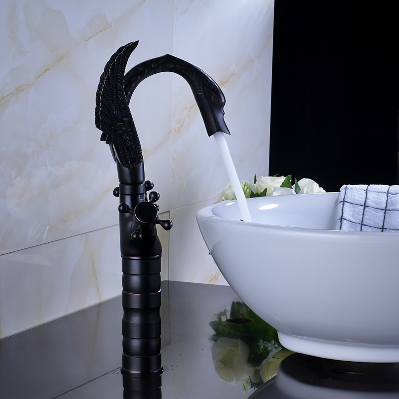 Dual Cross Handle Black Bronze Basin Faucet Deck Mounted Countertop Swan Bathroom Mixer Faucet hot and cold water