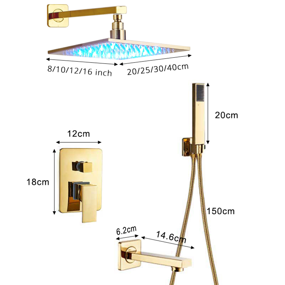 LED Light Golden Shower Faucet Set Single Handle Rainfall Bath Shower Mixer with Brass Bath Spout Concealed Bathroom Shower Taps|Shower Faucets|   - AliExpress