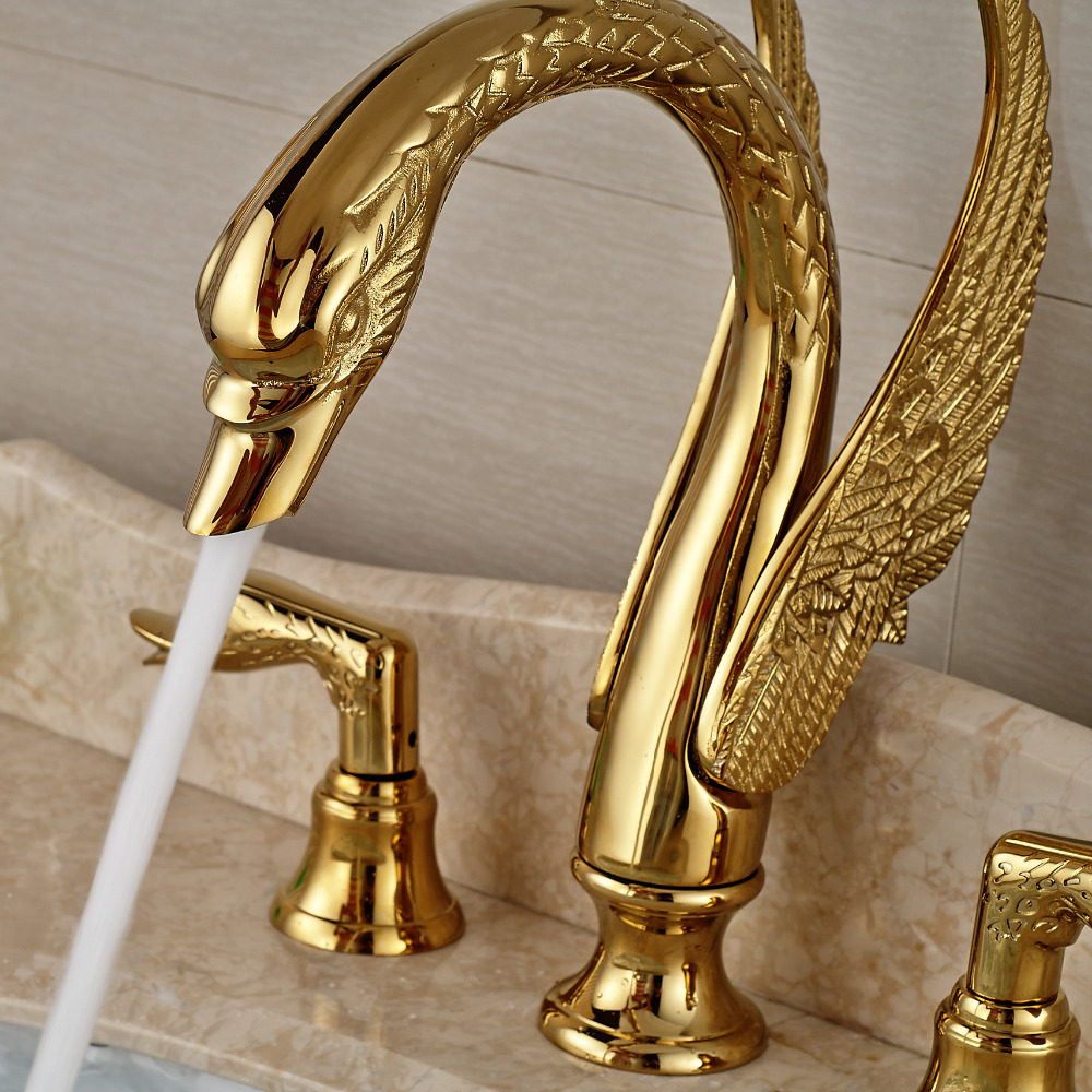 Soild Copper Gold Finish Bathroom Faucet Luxury Golden Swan Shape Basin Tap Dual Handle Deck Mount|deck mounted|bathroom faucetbasin tap - AliExpress