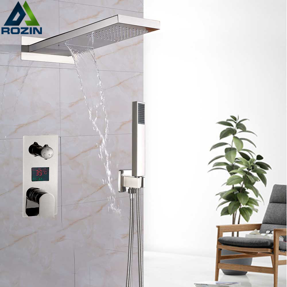 Luxury Bath Shower Mixer Kits Digital Display Wall Mounted  Rain Waterfall Shower Head Chrome Shower Faucet with Handshower|shower faucets|rain waterfallsbath shower mixers - AliExpress