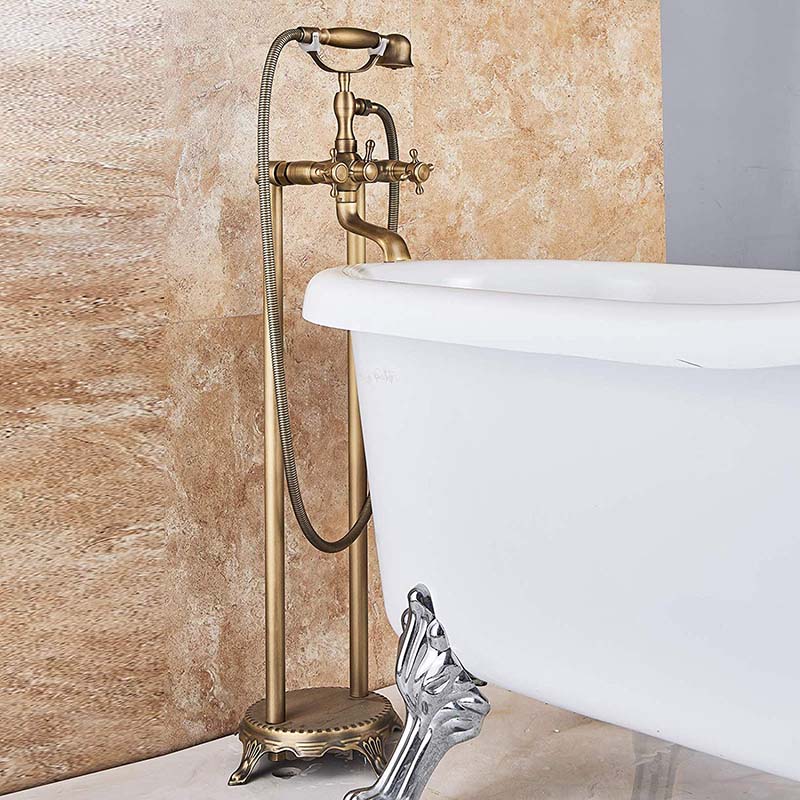 Dual Handles Bathroom Floor Mount Bathtub Filler Freestanding Bathtub Faucet Antique Brass with Hand Shower Rotate Spout|freestanding bathtub faucet|bathtub faucetsbrass bathtub faucet - AliExpress