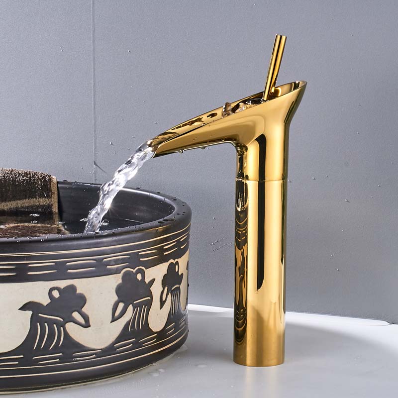 Golden Waterfall Spout Basin Faucet Deck Mounted Single Handle Bathroom Vessel Sink Mixer Tap One Hole Hot Cold Water Tap|Basin Faucets|   - AliExpress