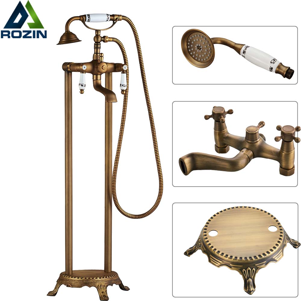 Dual Handles Bathroom Floor Mount Bathtub Filler Freestanding Bathtub Faucet Antique Brass with Hand Shower Rotate Spout|freestanding bathtub faucet|bathtub faucetsbrass bathtub faucet - AliExpress