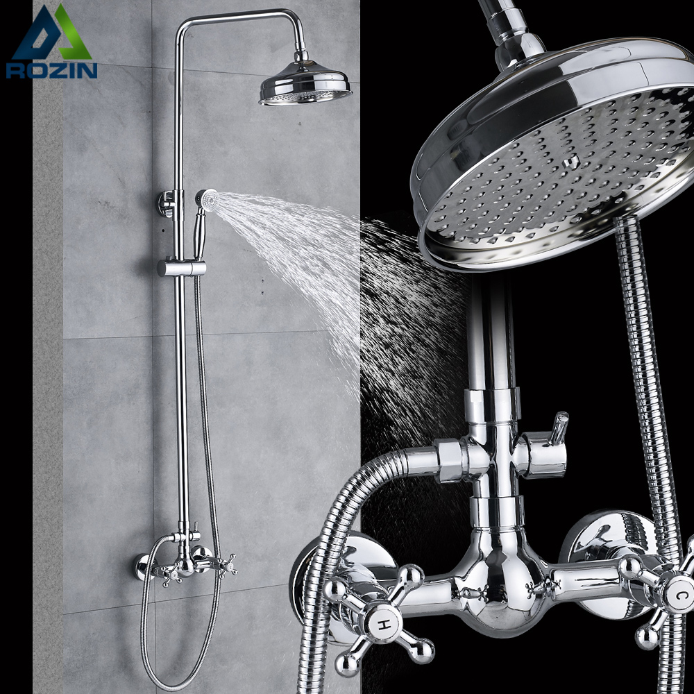 Wall Mounted Bathroom Shower Mixer Faucet Set Two Handle Brass Handshower 8" Rainfall Shower Taps Shower Column System|faucet extension|faucet light temperature controlledmixer bath - AliExpress