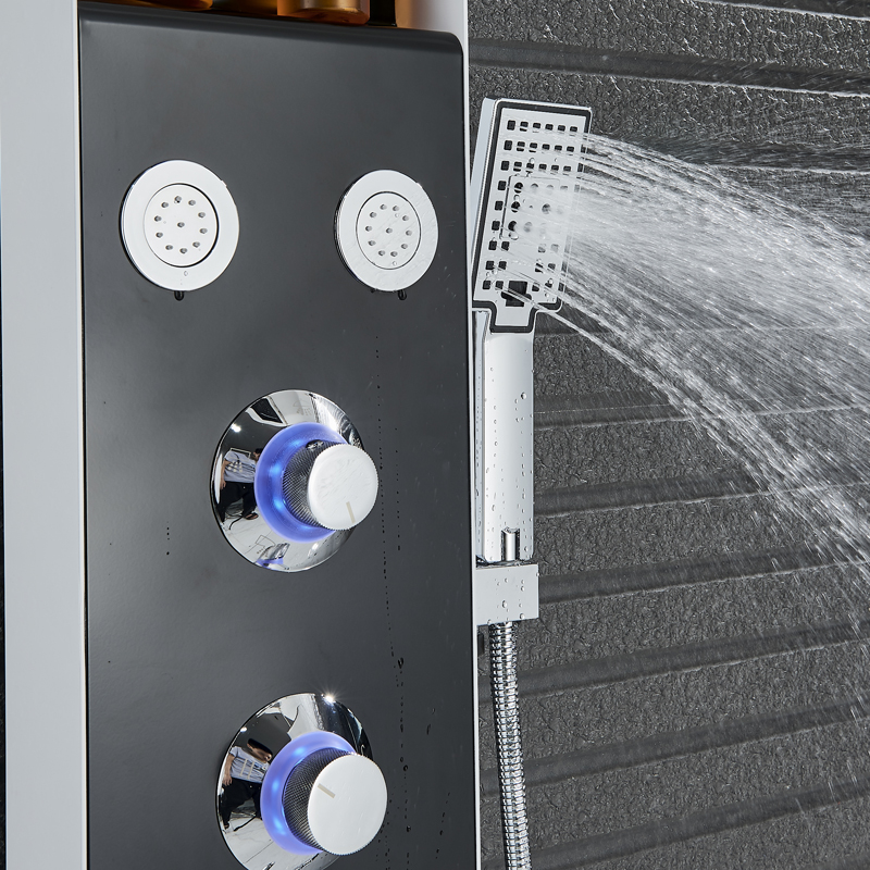 Waterfall Rain Shower Faucet Blue Light Bath Shower Panel with Storage Shelf SPA Body Massage Jet Shower Mixer Tap Rotate Spout|Shower Faucets|   - AliExpress