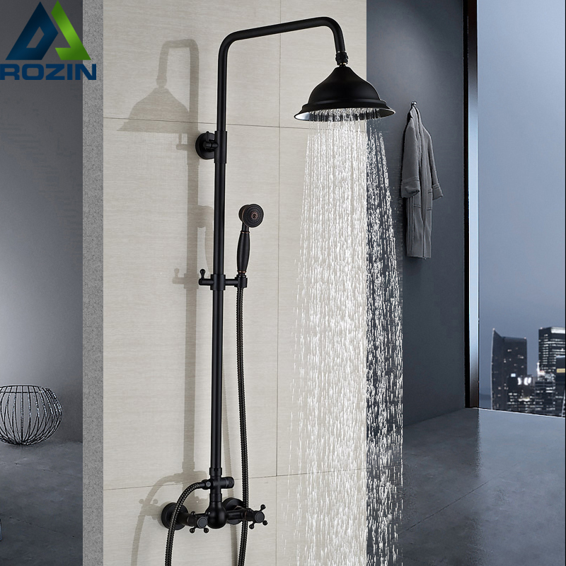 Bathroom Rainfall Shower Mixer Faucet Dual Handle Brass Black Shower Set Faucet Wall Mount Rainfall Shower Mixer Tap Handshower|Shower Faucets|   - AliExpress