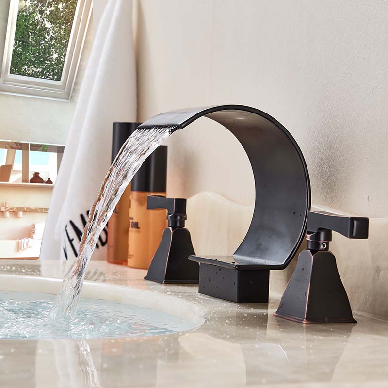 Widespread Waterfall Bathroom Faucet Dual Handle Brass Hot Cold Water Tap Black Bronze Deck Mounted Wash Sink Taps|Basin Faucets|   - AliExpress