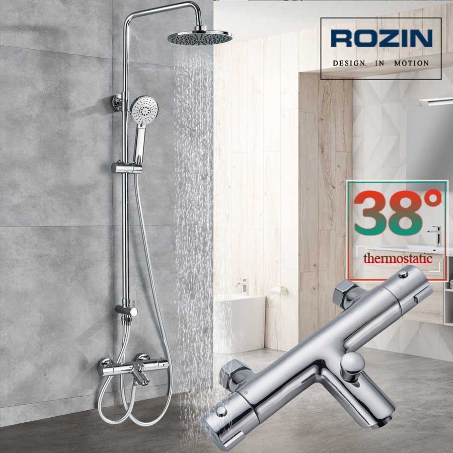 Chrome Bathroom Thermostatic Shower Mixer Faucet Dual Handle Brass Shower Column Rainfall Head and Hand Shower Hot Cold Tap|Shower Faucets|   - AliExpress