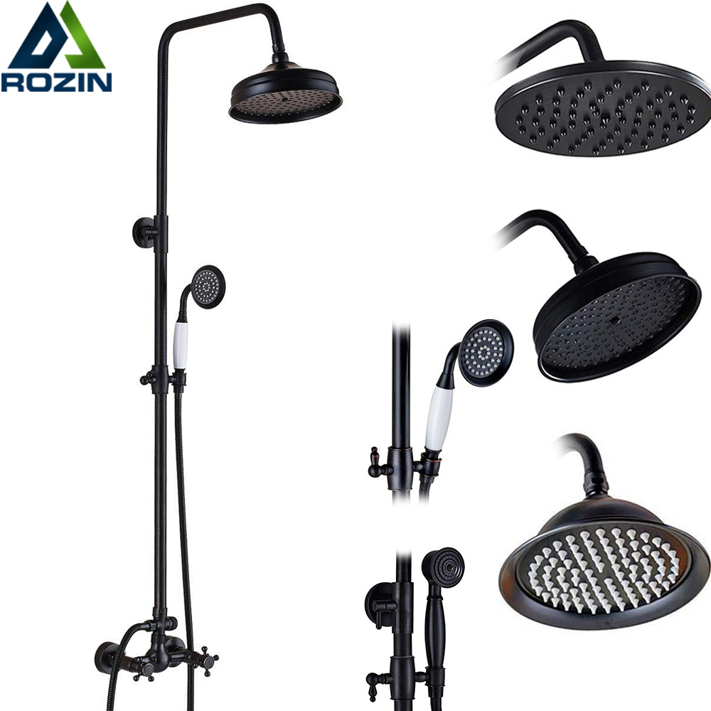 Luxury Bronze Black Bathroom Shower Bath Faucet Dual Handles In Wall Washing Room Shower Mixer Taps 8" Rain Shower Head