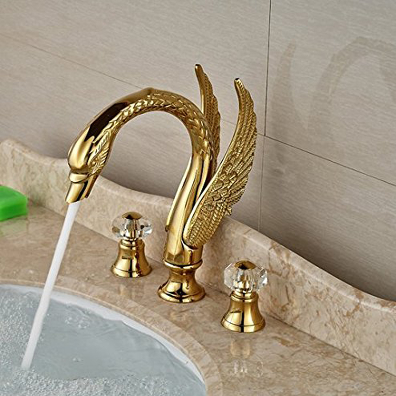 Luxury Golden Swan Shape Basin Tap Dual Crystal Handle Deck Mount Bathroom Mixer Taps Widespread Hot Cold Water Mixer Valve Tap|Basin Faucets|   - AliExpress