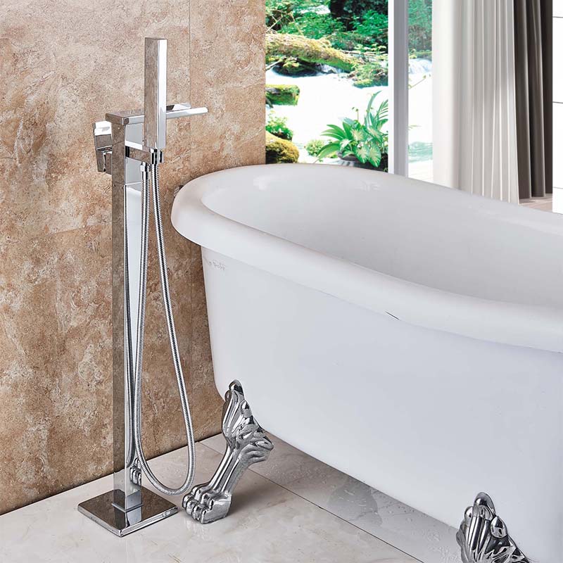 Chrome Waterfall Bathtub Faucet Single Handle Chrome Floor Mounted Tub Mixer with Handshower Freestanding Bath Tub Tap|Bathtub Faucets|   - AliExpress