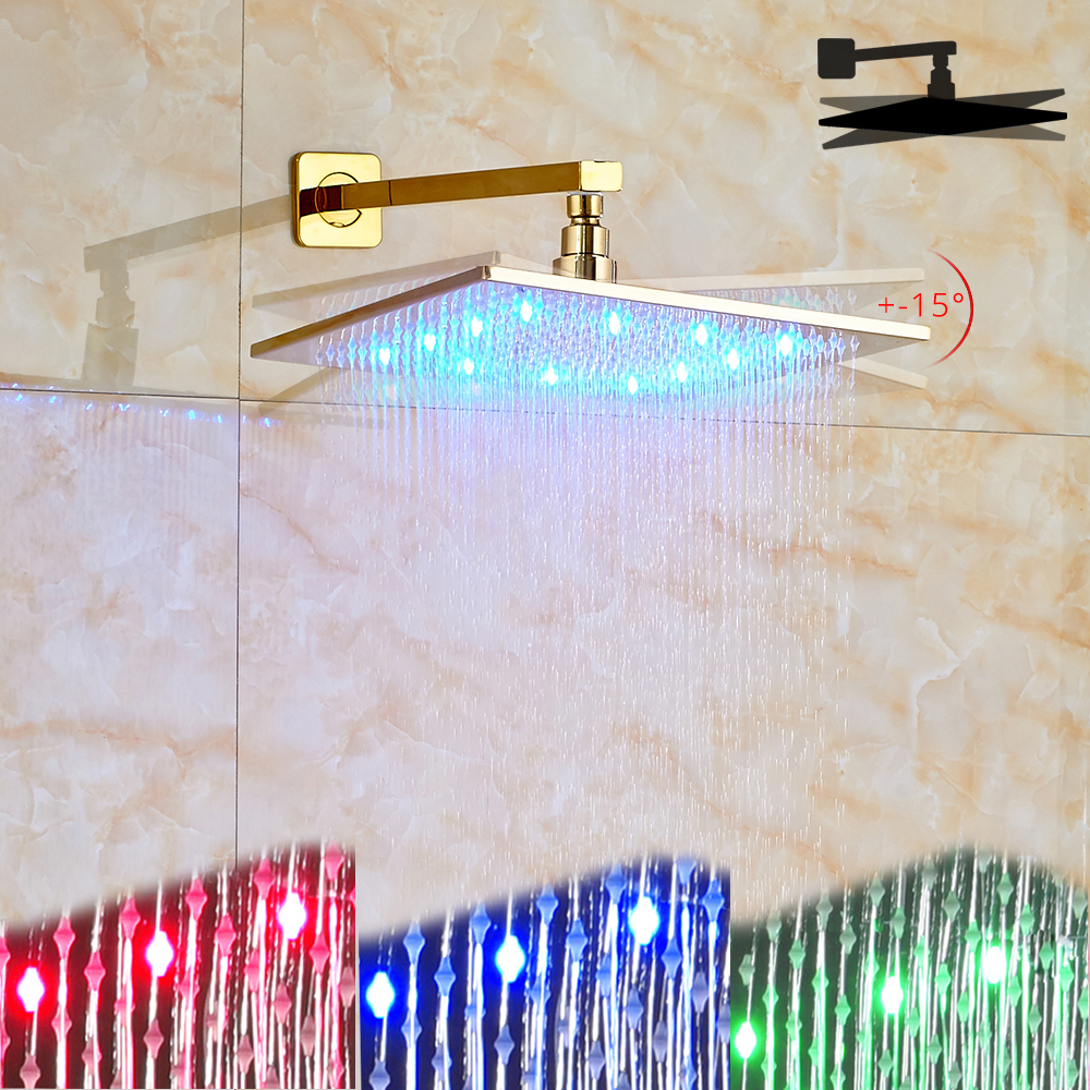 Luxury Golden Bath Shower Faucet 8/10/12/16" Rainfall LED Light Shower Head Brass Shower Spout 3 way Mixer Valve Bathroom Faucet|Shower Faucets|   - AliExpress