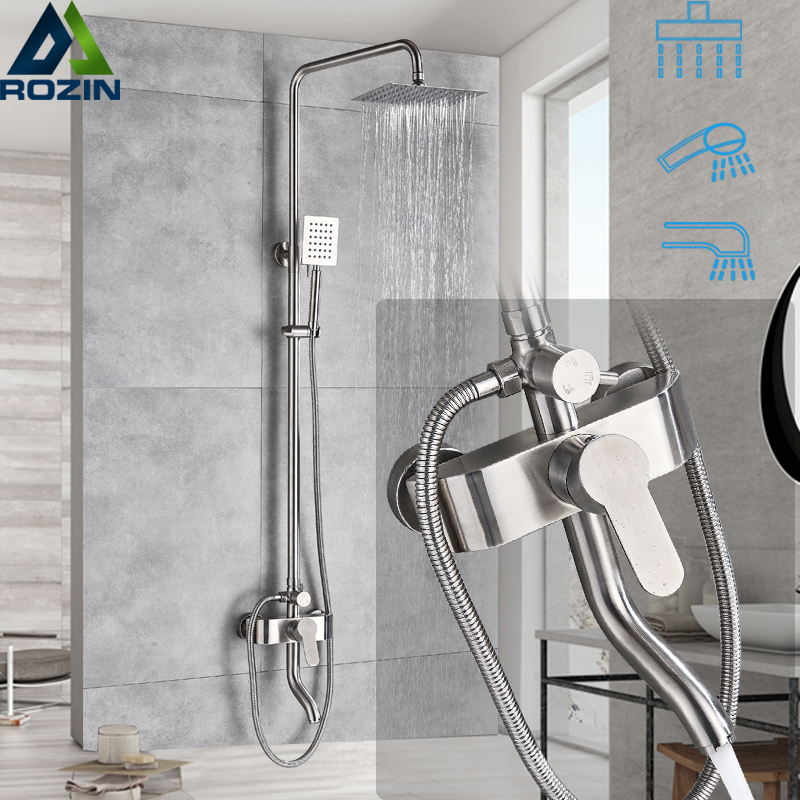 Brushed Nickel Rainfall Shower Faucet Set Single Lever Height Adjustable Bath Shower Kit Rotate Tub Spout Hand Shower Mixer Tap|Shower Faucets|   - AliExpress