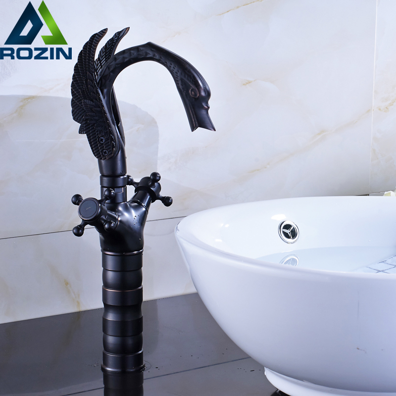 Dual Cross Handle Black Bronze Basin Faucet Deck Mounted Countertop Swan Bathroom Mixer Faucet hot and cold water