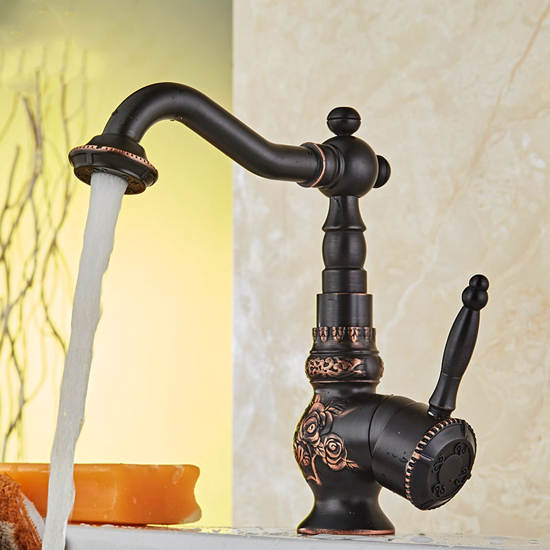 Flower Carved Bathroom Mixer Tap Black Basin Faucet Deck Mounted Brass Hot Cold Tap Single Lever Swivel Neck Basin Mixer Crane|Basin Faucets|   - AliExpress