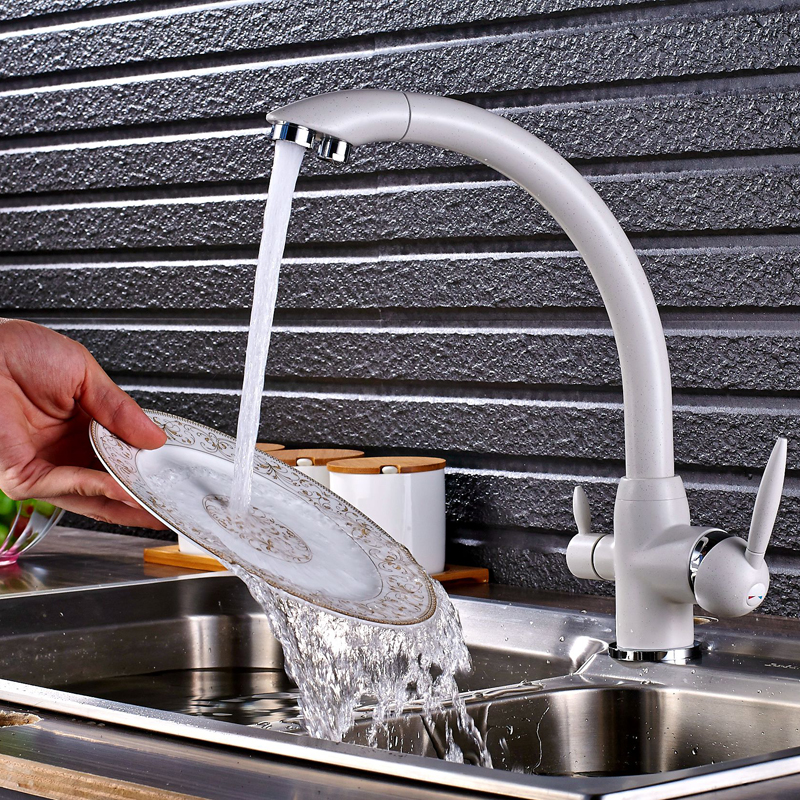 Deck Mounted 360 Rotation Kitchen Faucets White Water Purification Double Handle 3 Way Filter Mixer Taps|kitchen faucet|kitchen faucet whitemixer kitchen taps - AliExpress