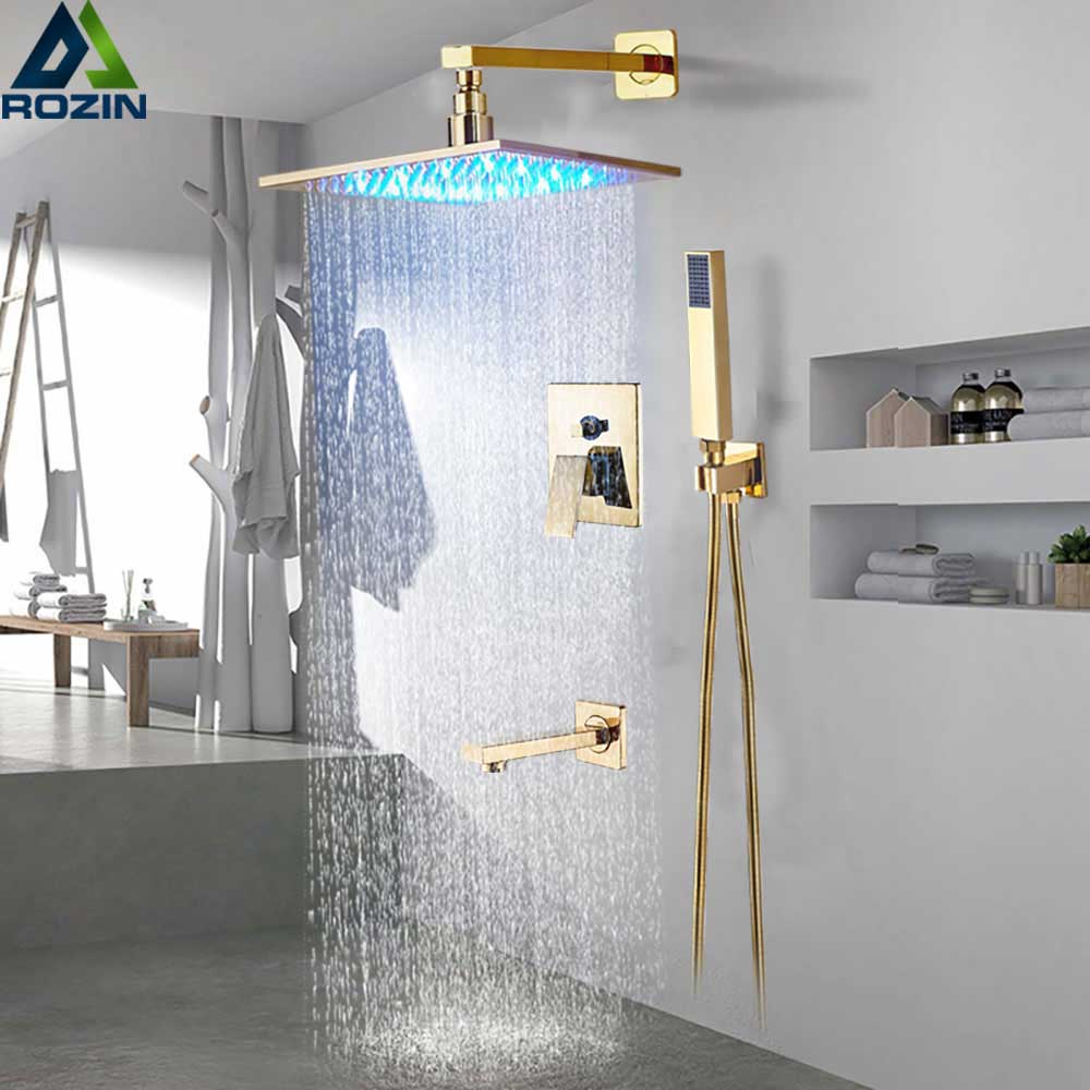 Luxury Golden Bath Shower Faucet 8/10/12/16" Rainfall LED Light Shower Head Brass Shower Spout 3 way Mixer Valve Bathroom Faucet|Shower Faucets|   - AliExpress