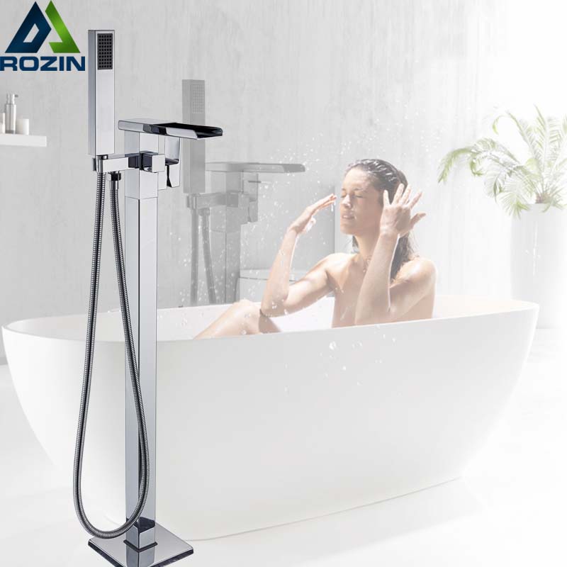 Chrome Waterfall Bathtub Faucet Single Handle Chrome Floor Mounted Tub Mixer with Handshower Freestanding Bath Tub Tap|Bathtub Faucets|   - AliExpress