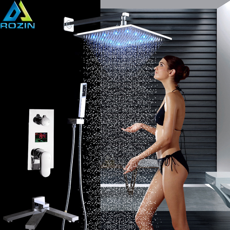 Chrome LED 12" Rainfall Shower Faucet Chrome Digital Temperature Screen Bath Shower Mixer with Handshower Swivel Folding Spout|Shower Faucets|   - AliExpress