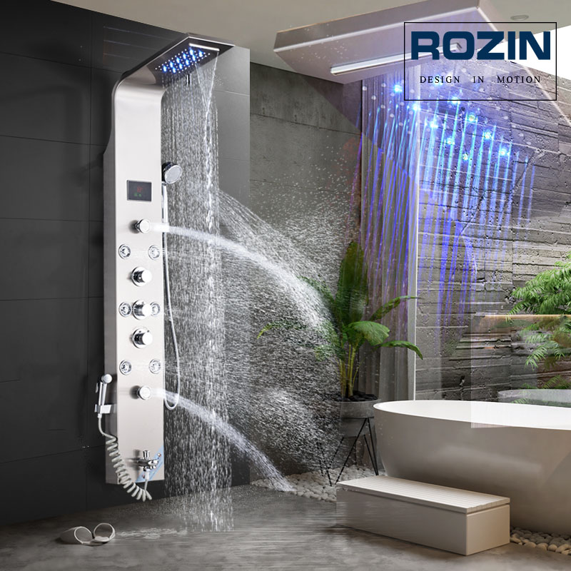 LED Light Shower Faucet Bathroom Waterfall Rain Black Shower Panel In Wall Shower System with Spa Massage Sprayer and Bidet Tap|Shower Faucets|   - AliExpress