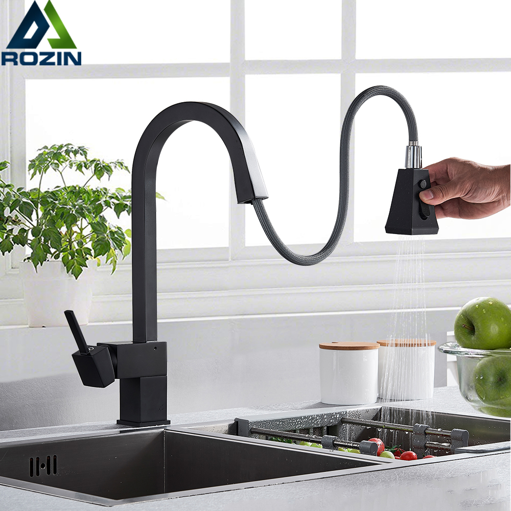 Square Shape Kitchen Faucet Pull Out Black Kitchen Mixers Spray Stream Kitchen Head Single Handle Cold Hot Mixer Faucet|Kitchen Faucets|   - AliExpress