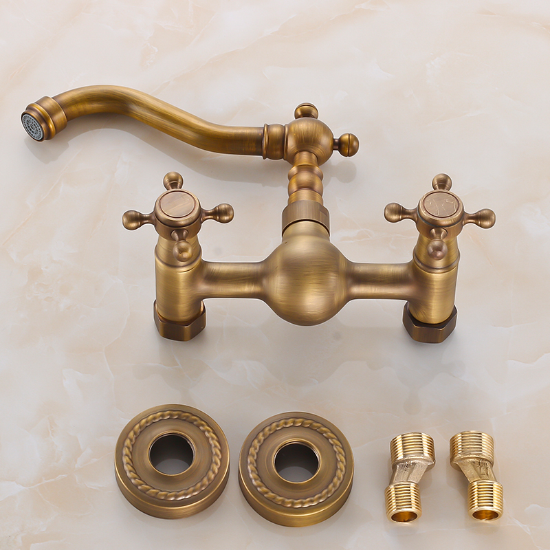 Luxury  Bathroom Faucet Antique Brass Kitchen Mixer Tap Faucet Wall Mounted Dual Handle Hot and Cold Taps|faucet sink|brass faucet kitchenbrass chips - AliExpress