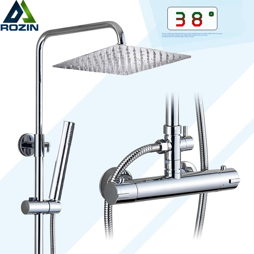 Chrome Thermostatic Bathroom Shower Faucet Set Dual Handle Rainfall 8" Stainless Steel Shower Head  In Wall Shower Mixers|Shower Faucets|   - AliExpress