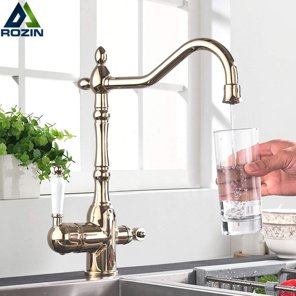 Golden Water Filter Kitchen Faucet Two Handle Kitchen Drinking Water Faucet Brass Swivel Spout 3 in 1 Water Purifier Sink Faucet|Kitchen Faucets|   - AliExpress