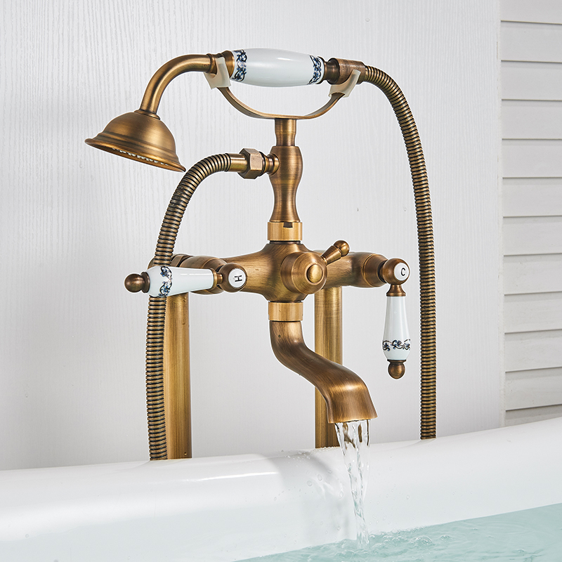 Dual Handles Bathroom Floor Mount Bathtub Filler Freestanding Bathtub Faucet Antique Brass with Hand Shower Rotate Spout|freestanding bathtub faucet|bathtub faucetsbrass bathtub faucet - AliExpress