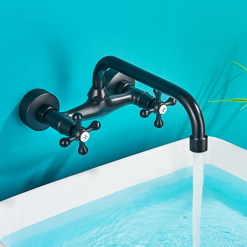 Rozin Black Basin Faucet Wall Mounted Dual Handles Bathroom Faucets Swivel Spout Antique Brass Crane Hot Cold Water Mixer Tap|Basin Faucets|   - AliExpress