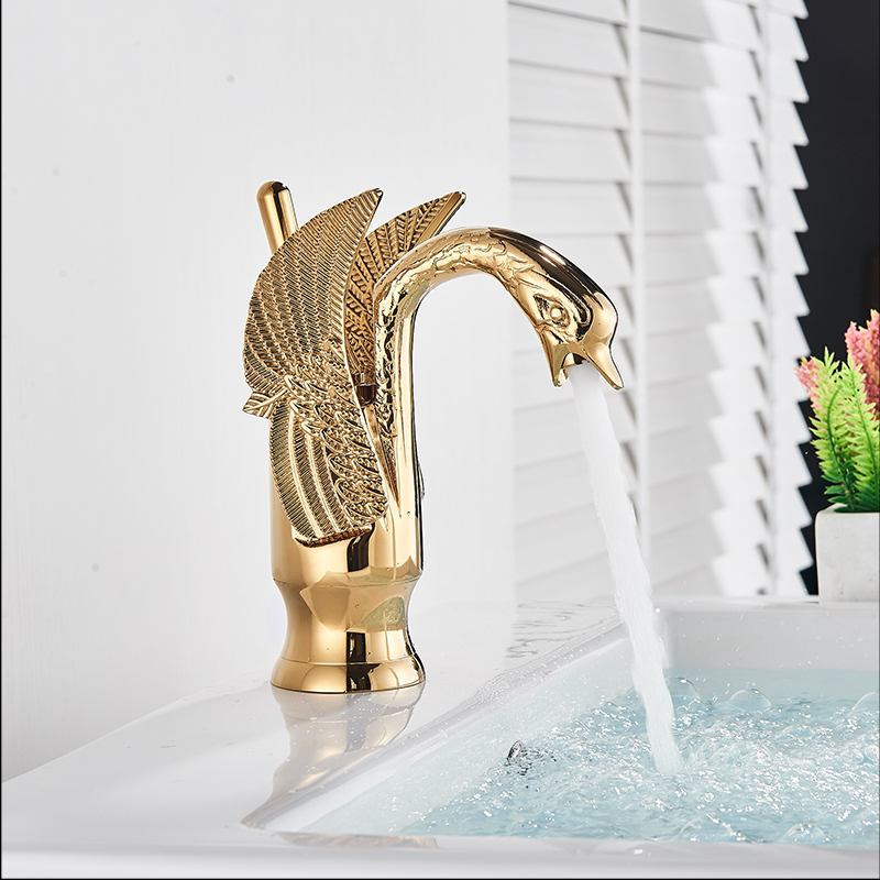 Golden Basin Faucet Brass Deck Mount Bathroom Faucets Swan Shape Single handle Lavatory Sink Hot Cold Water Mixer Taps|faucet thermostatic|faucet extensionplate lifter - AliExpress