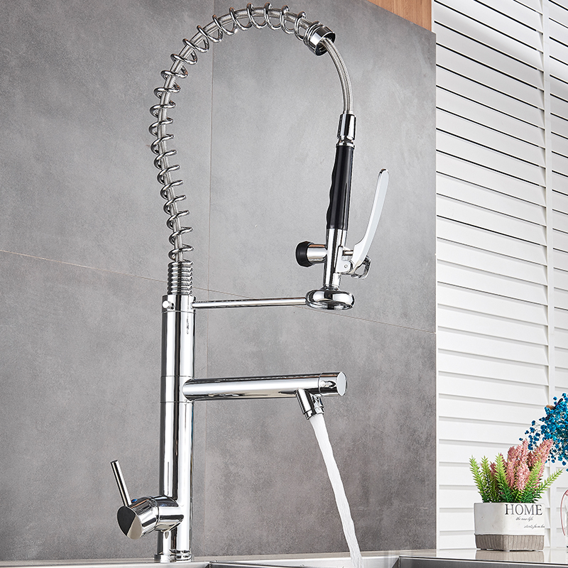 Bright Chrome Spring Pull Down Kitchen Faucet Hands Free Sprayer Head with Lock Hot cold Water Kitchen Mixer Tap Swivel Spout|Kitchen Faucets|   - AliExpress