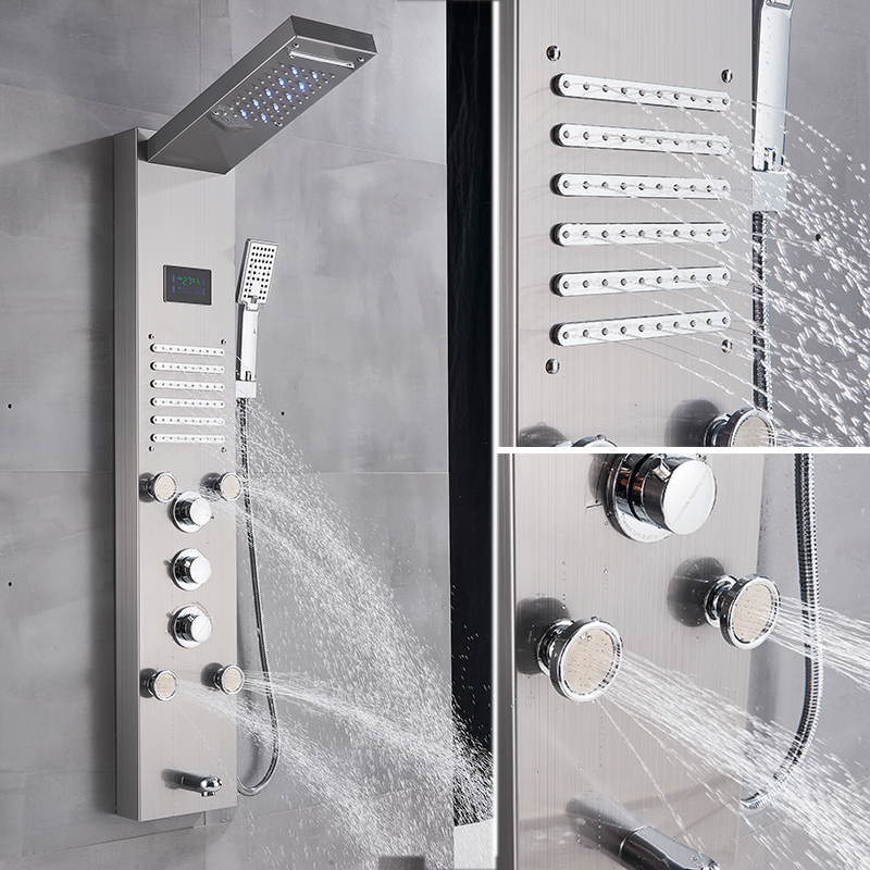 Rozin Brushed nickel Bathroom Shower Column Black LED Shower Panel Rainfall Shower Faucets Digital Screen 6 Modes Mixer Tap|Shower Faucets|   - AliExpress