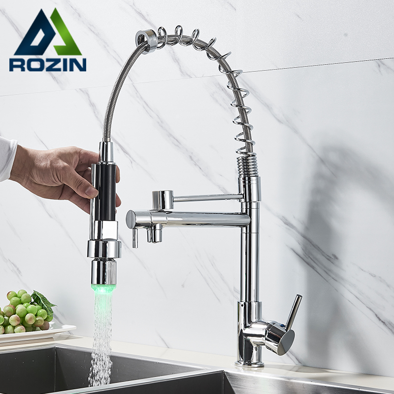 LED Color Changing Kitchen Faucet Mixer Tap Spring Polished Chrome Kitchen Crane Tap Deck Mounted Swive Spout Pull Down Faucet|Kitchen Faucets|   - AliExpress