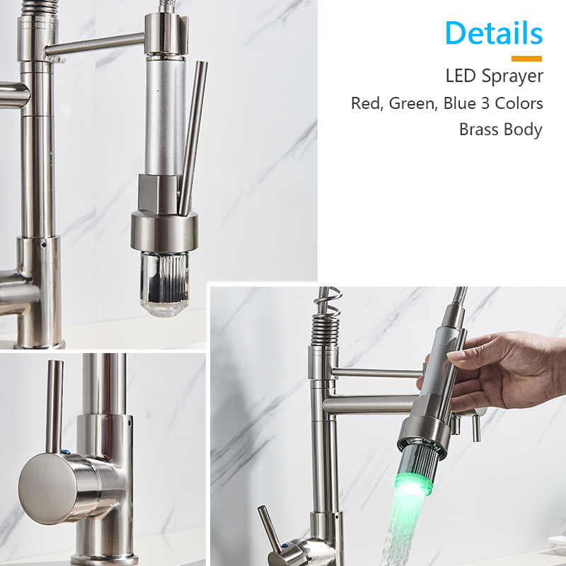 LED Color Changing Kitchen Faucet Mixer Tap Spring Polished Chrome Kitchen Crane Tap Deck Mounted Swive Spout Pull Down Faucet|Kitchen Faucets|   - AliExpress